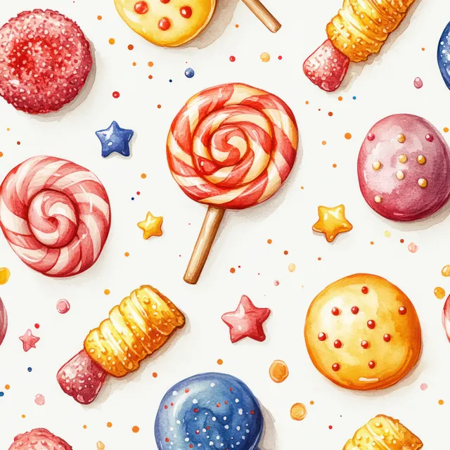 Seamless Christmas pattern of lollipops, iced cookies, gingerbread, stars, and sprinkles on a pale background.