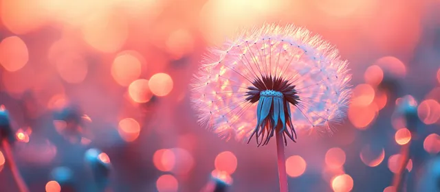 Dandelion seeds drifting across a blue sky meadow, pastel bokeh lighting