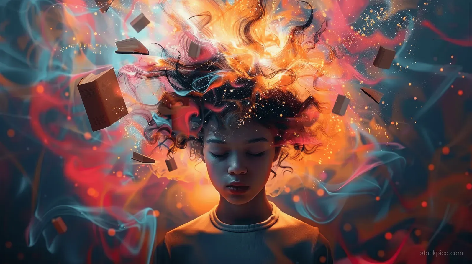 Young person with floating books and glowing knowledge symbols swirling around their head in an abstract colorful mindscape.