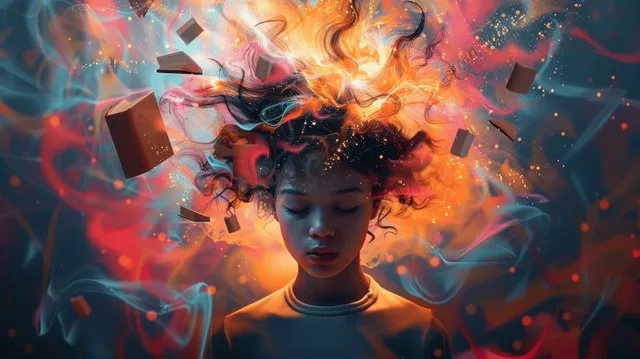 Young person with swirling orange books and knowledge symbols in abstract ADHD mindscape