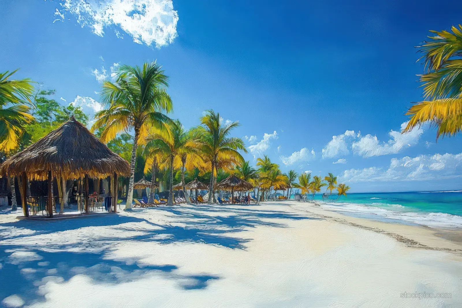 Palm trees and thatched umbrellas line a sandy beach beside turquoise ocean water under a clear blue sky.
