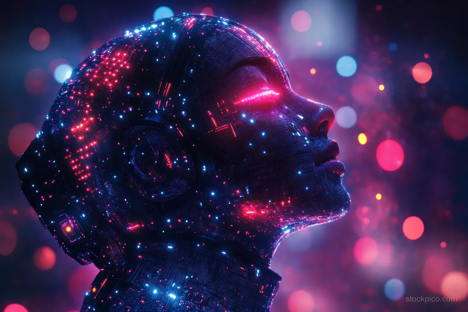 Neon digital head profile with glowing biomarker shapes and colorful bokeh lights in a sci-fi medical scene.