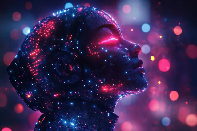 Neon digital head profile with glowing biomarker shapes and colorful bokeh lights in a sci-fi medical scene.