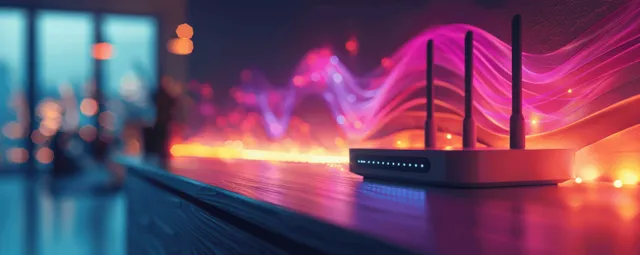 A futuristic Wi‑Fi router with glowing antennas and LED lights rests on a desk beside blurred network activity.