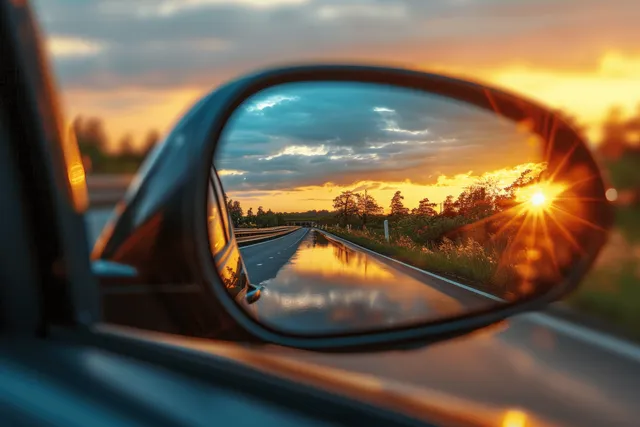 A car drives on a highway at sunset, with warm reflections visible in the side mirror and a blurred scenic background.