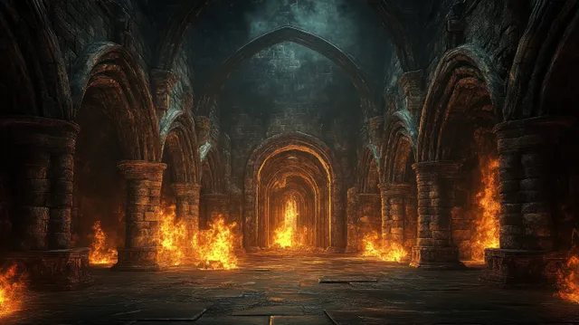Dark medieval dungeon corridor with stone arches and flickering wall torches