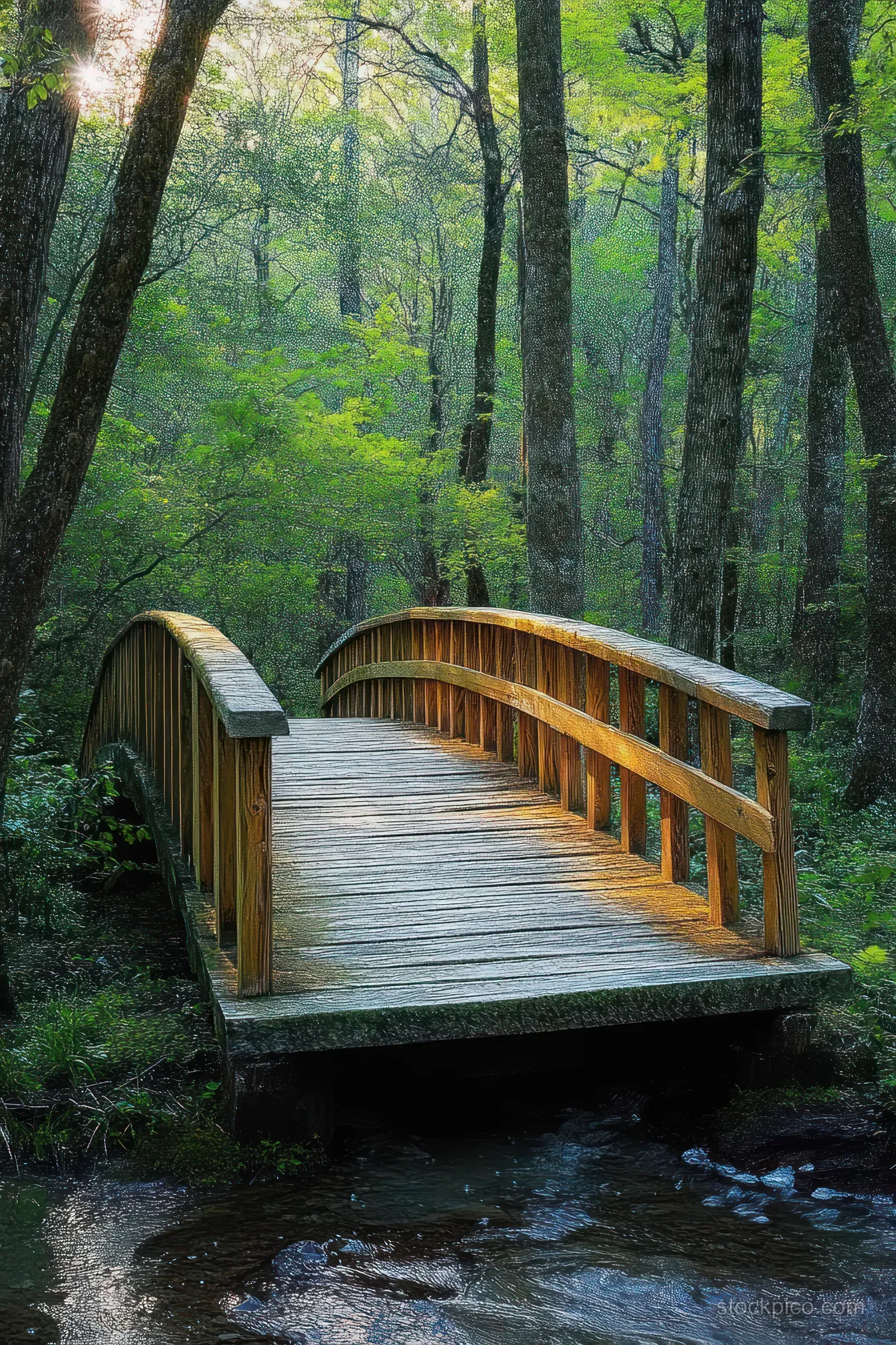 A wooden footbridge crosses a small stream in a green forest with sunlight filtering through tall trees behind it.