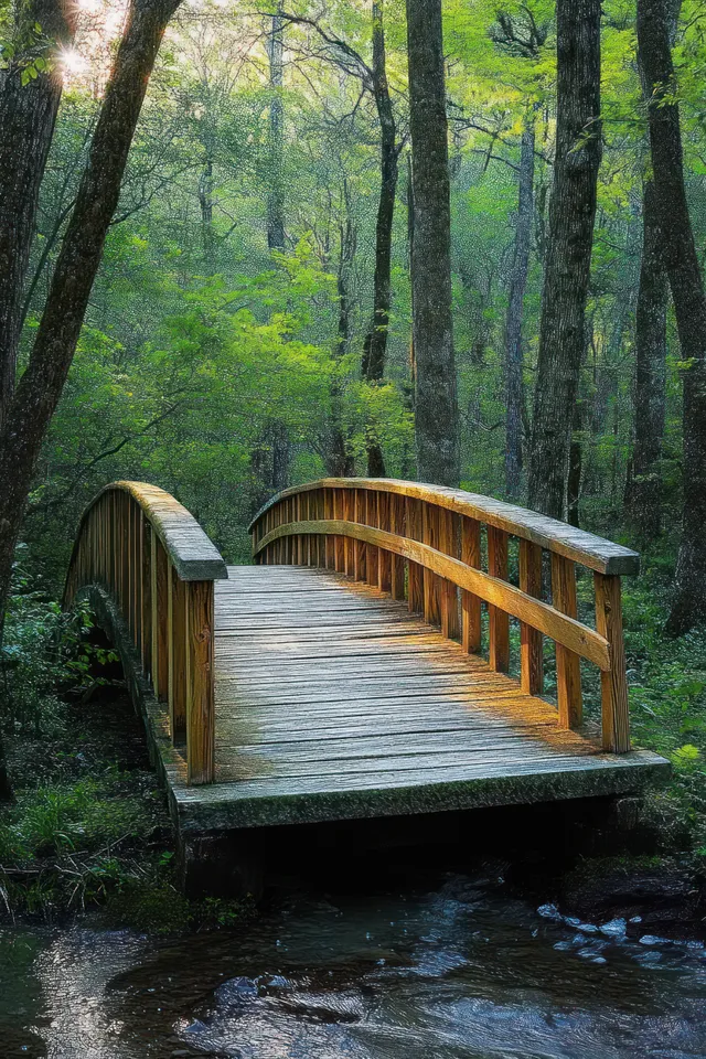 A wooden footbridge crosses a small stream in a green forest with sunlight filtering through tall trees behind it.