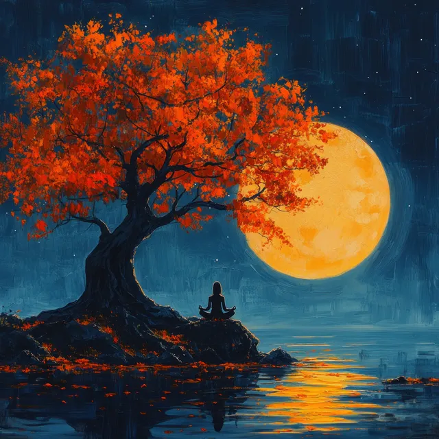 A meditating monk silhouette rests under an orange-leaf tree beside a glowing moon reflected in a calm night lake.