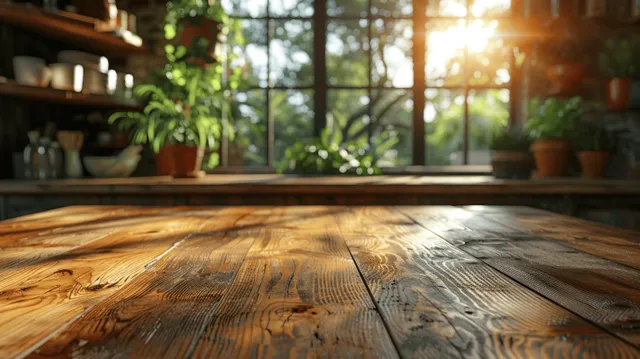 Rustic wooden tabletop in front with a softly blurred kitchen window, potted plants, and warm sunlight.