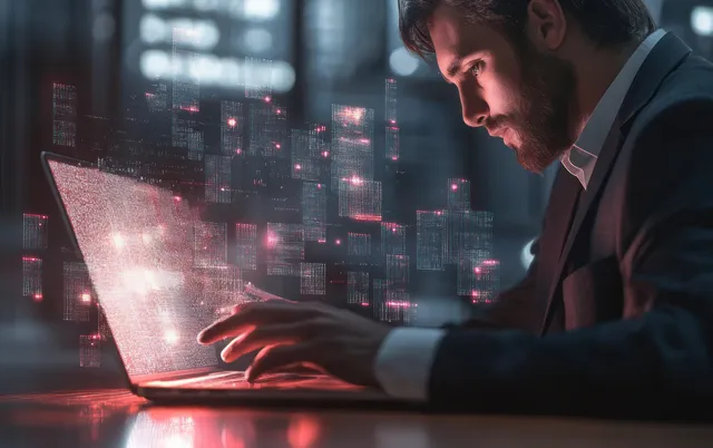 An executive at a desk uses a laptop with glowing flowchart icons representing business team communication.