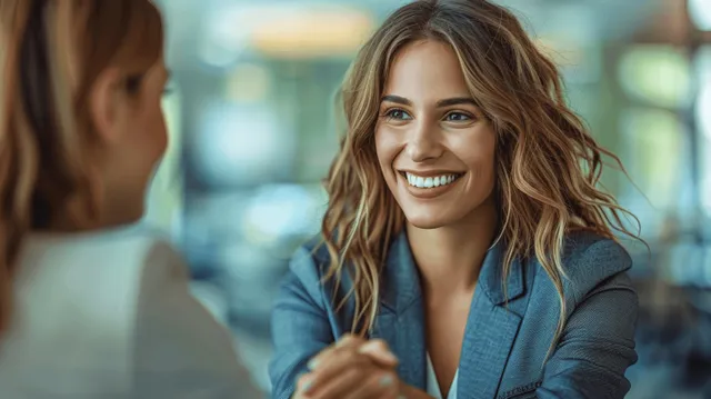 Smiling businesswoman shakes hands with a colleague during an office meeting in front of blurred coworkers.