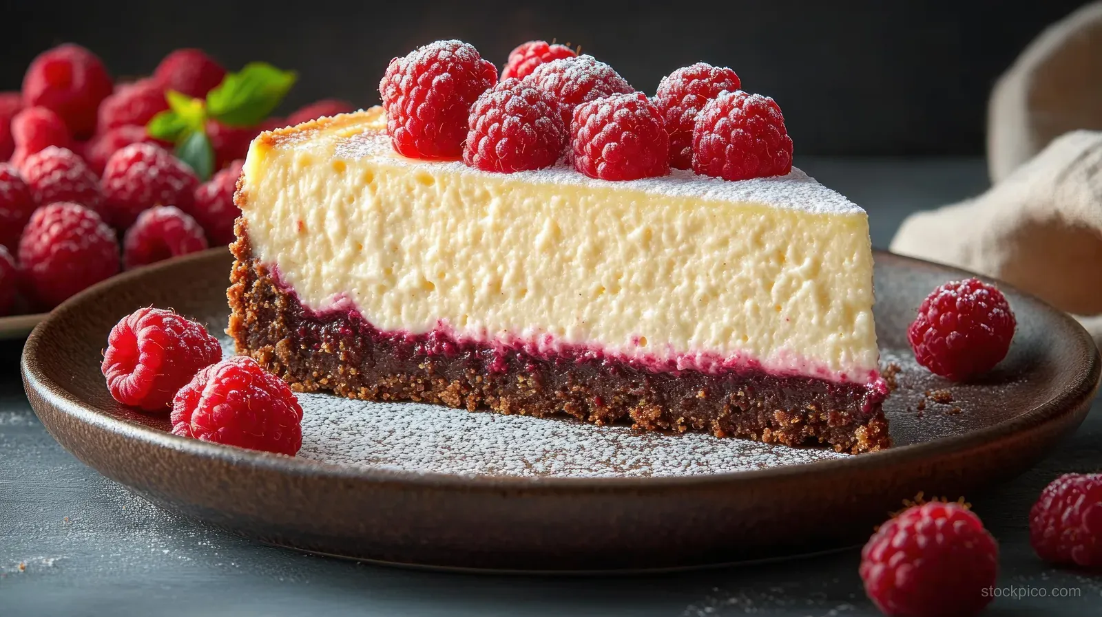 Creamy cheesecake slice on a brown plate with fresh raspberries and berry sauce against a dark background.
