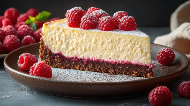 Creamy cheesecake slice on a brown plate with fresh raspberries and berry sauce against a dark background.