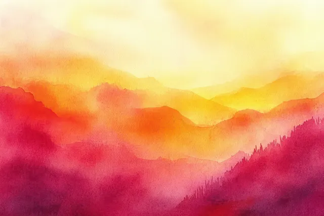Warm watercolor mountain silhouettes blend into yellow-pink haze with a gritty grunge texture background.