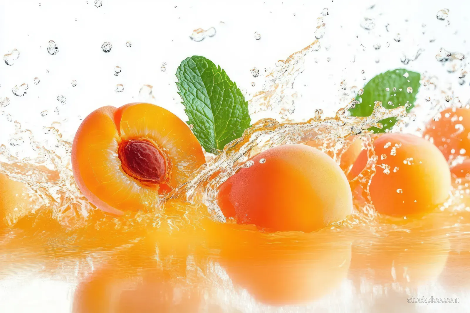 Apricot fruit halves and mint leaves surrounded by a golden juice splash on a white background.