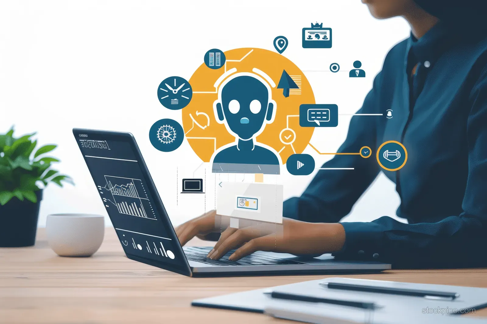 An instructor types on a laptop as glowing AI education icons float over the screen.