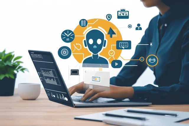 Instructor typing on laptop during virtual AI training, glowing digital learning icons.