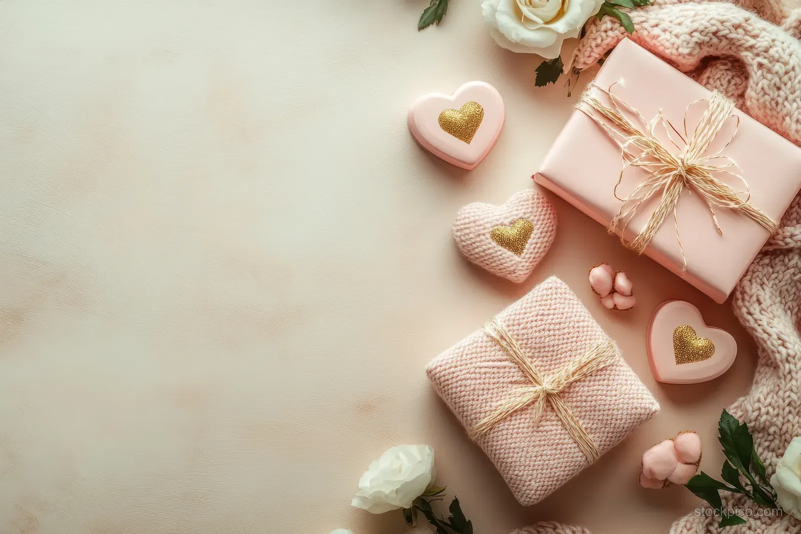Pink and cream gift boxes with heart ornaments and white roses placed on a beige minimalist surface.