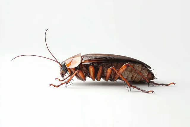 Brown cockroach in side view with long antennae and spiny legs on a pure white background.