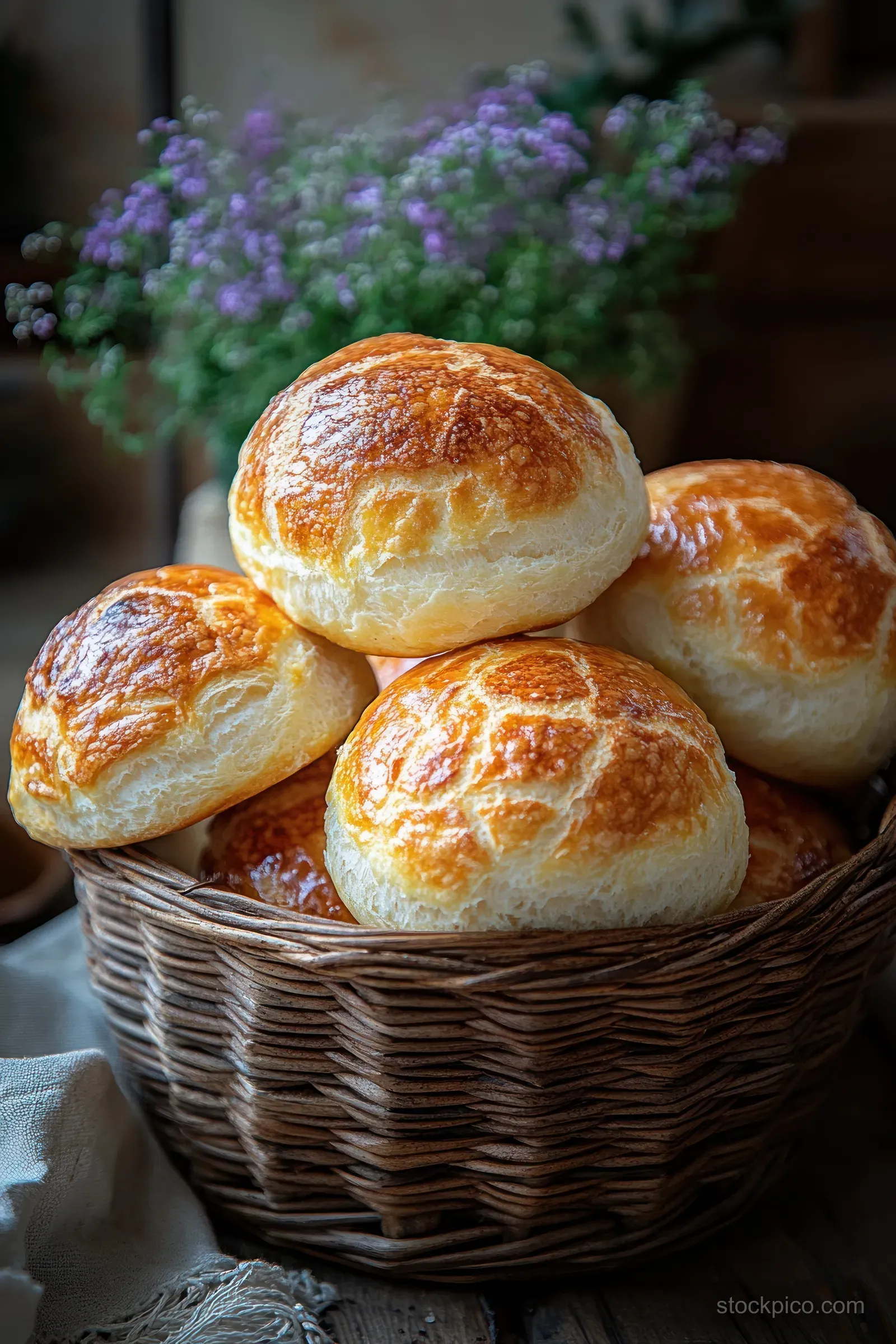 Golden whole grain buns stacked in a wicker basket with soft morning light, coffee, and blurred lavender behind.