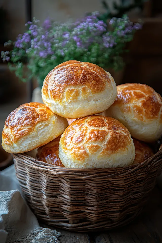 Golden whole grain buns stacked in a wicker basket with soft morning light, coffee, and blurred lavender behind.