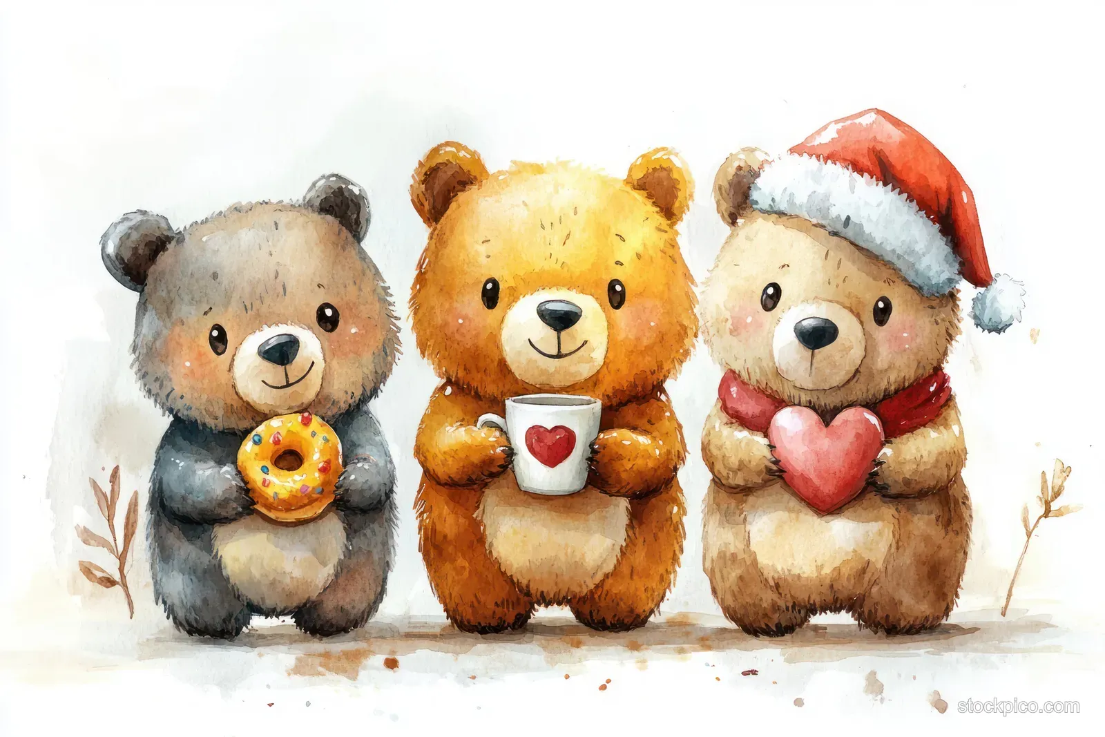 Three watercolor teddy bears sit together holding a donut and heart treats, with one wearing a Santa hat.