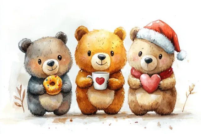 Three watercolor teddy bears sit together holding a donut and heart treats, with one wearing a Santa hat.