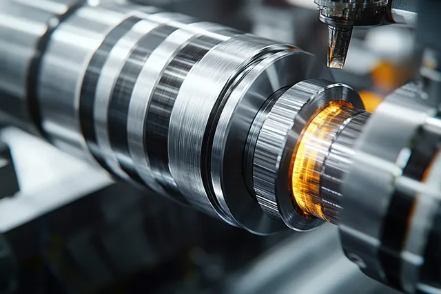 CNC lathe machining metal cylinder with glowing tool edge and reflective grooves