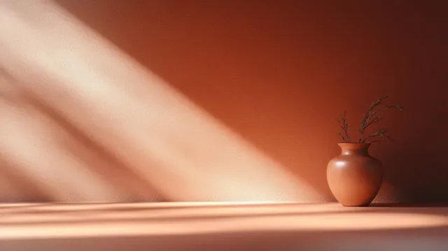 Terracotta vase with dried branches on a warm peach wall with soft sun shadows