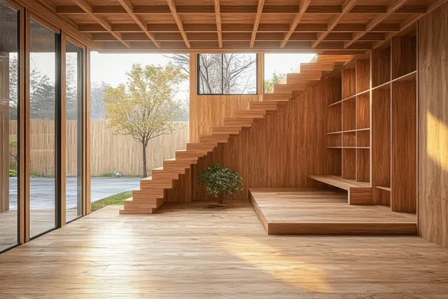 Minimalist wooden interior showing a floating staircase, built-in shelves, and large windows with warm sunlight and garden view.