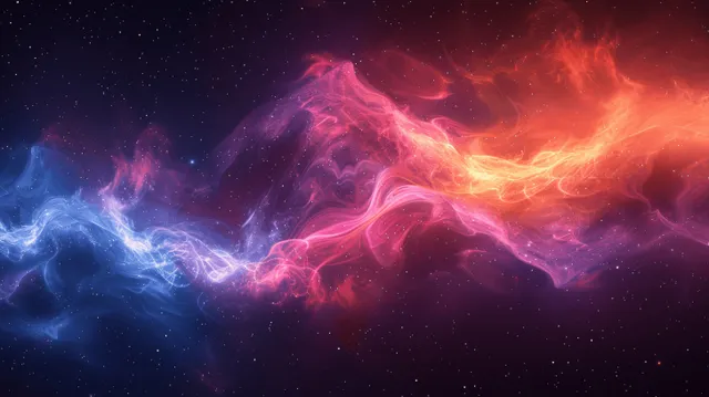Vivid orange and blue glowing smoke waves swirl over a dark starry space background.
