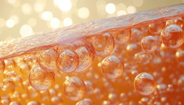 Warm orange translucent bubbles cling to a glossy gel surface in a softly lit macro close-up.