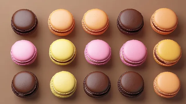Colorful macarons arranged in neat rows on a warm brown surface