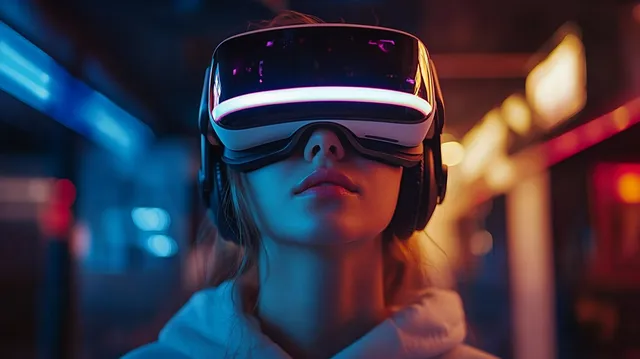 Close-up person wearing VR headset and over-ear headphones under blue-orange neon lights