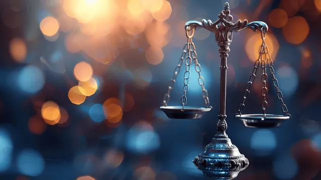 Antique justice scales with a faint lady silhouette against colorful cinematic bokeh lights.