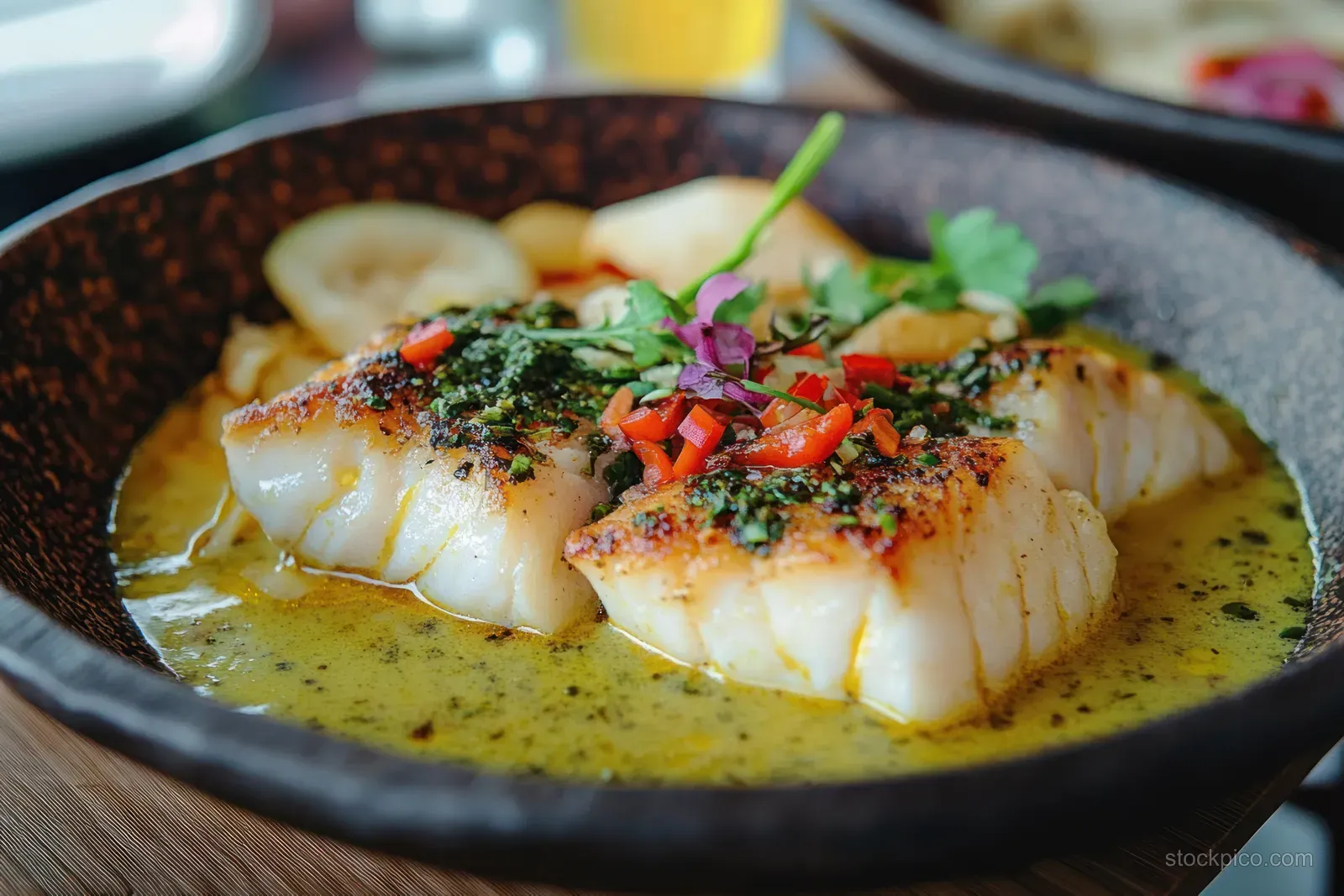 Creamy coconut fish curry in a rustic bowl, topped with herbs, diced chili, and spices.