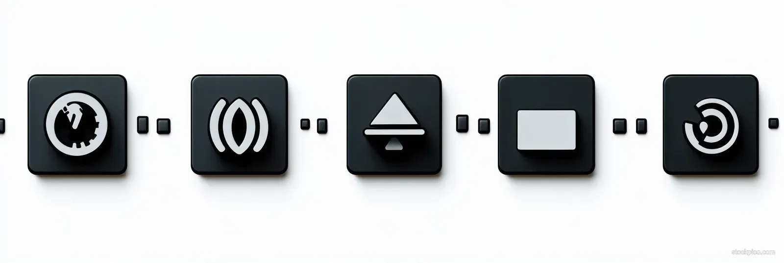 Five black keyboard keys show globe, radio waves, eject, rectangle, and radar icons on a white background.