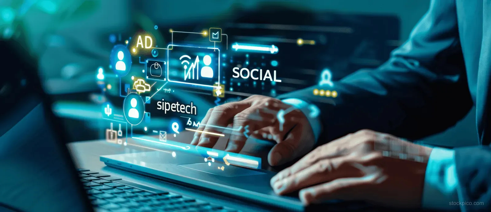 A person types on a laptop while social media and ad analytics icons float over the screen.
