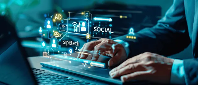 A person types on a laptop while social media and ad analytics icons float over the screen.