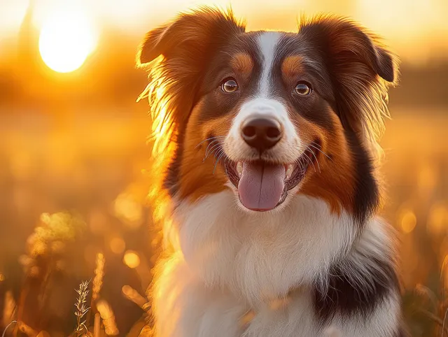 Tongue-out tri-color dog sits in a golden field, glowing sunset bokeh behind