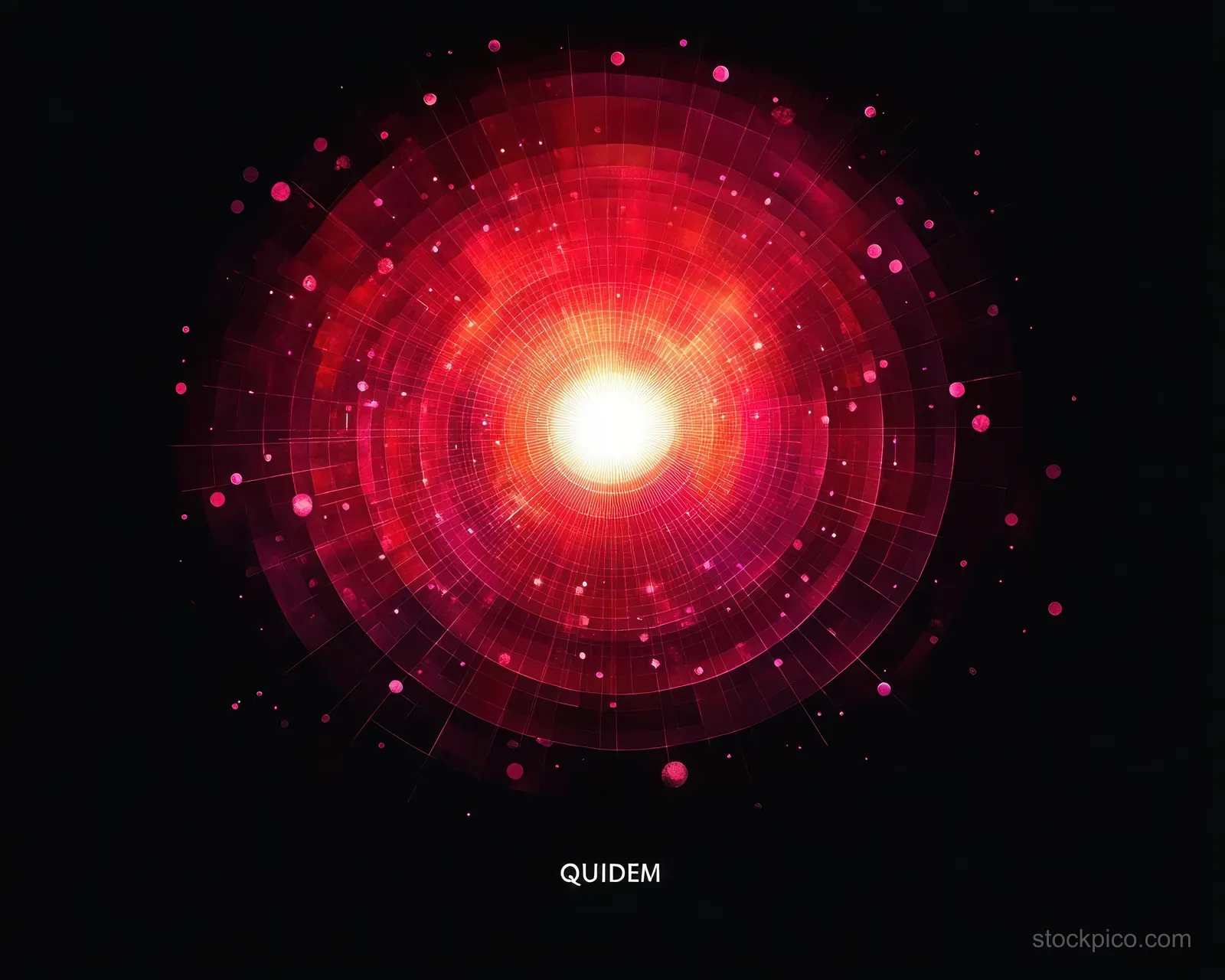 Bright white core surrounded by concentric red and pink grid circles with scattered dots on a black background.