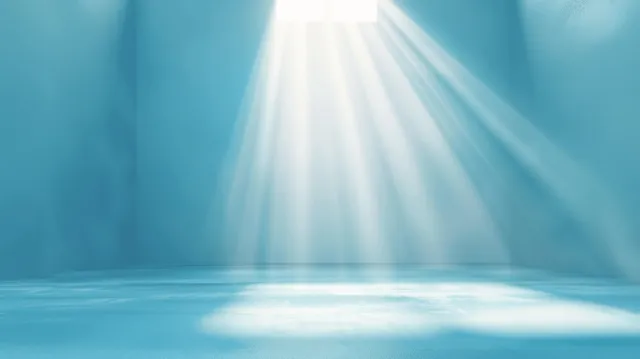Light blue minimal studio background with sunlight rays and soft empty display space