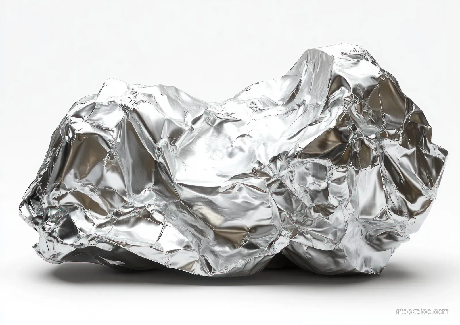 Crumpled shiny silver foil lies on a white background with detailed wrinkles and bright reflective highlights.