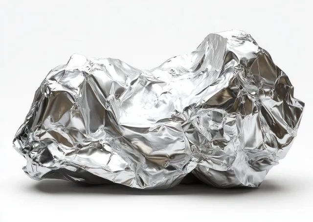 Crumpled shiny silver foil close-up with sharp folds and bright reflections on white backdrop