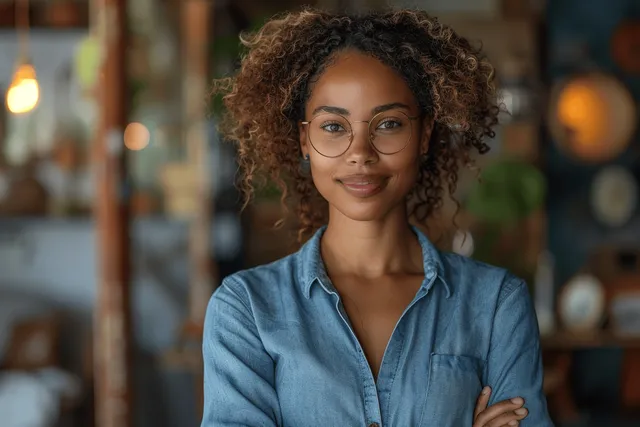 Smiling businesswoman with curly hair and glasses crossing arms in a softly blurred office.