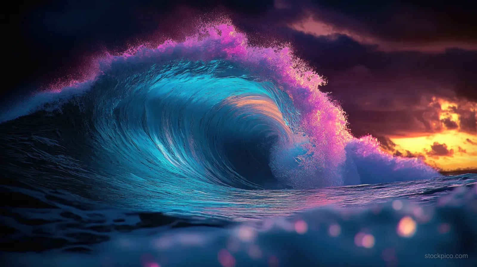 A glowing purple-blue ocean wave curls toward the shore under a dramatic sunset sky with dark clouds.