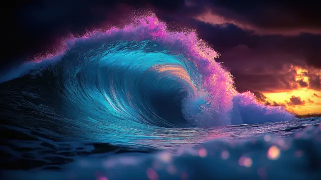 Glowing ocean wave curls in purple and blue tones under stormy sunset clouds