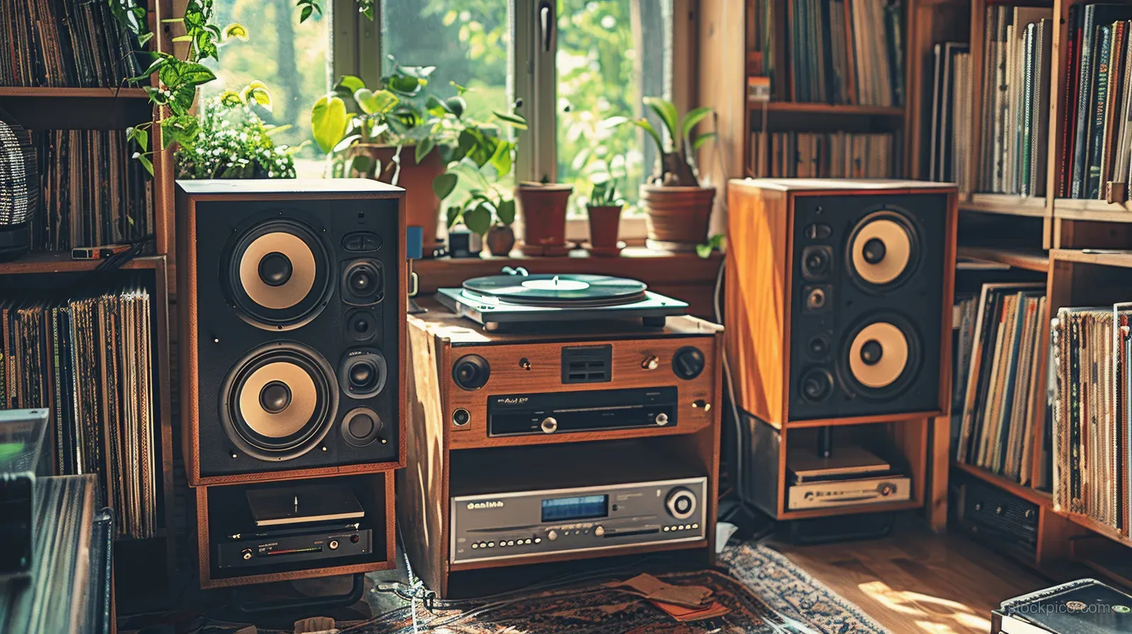 Vintage hi-fi system with turntable and large wooden speakers in a cozy room filled with vinyl records and potted plants.