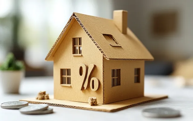 A minimalist cardboard house model with a percent symbol rests on a wooden table under soft light.